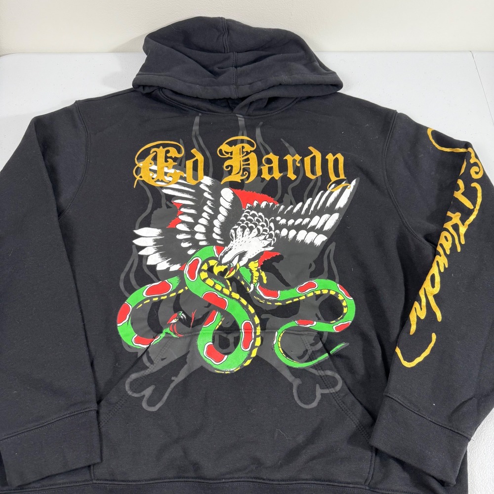 Ed Hardy Mens Black Eagle Snake Skull Graphic Pullover Hoodie XL